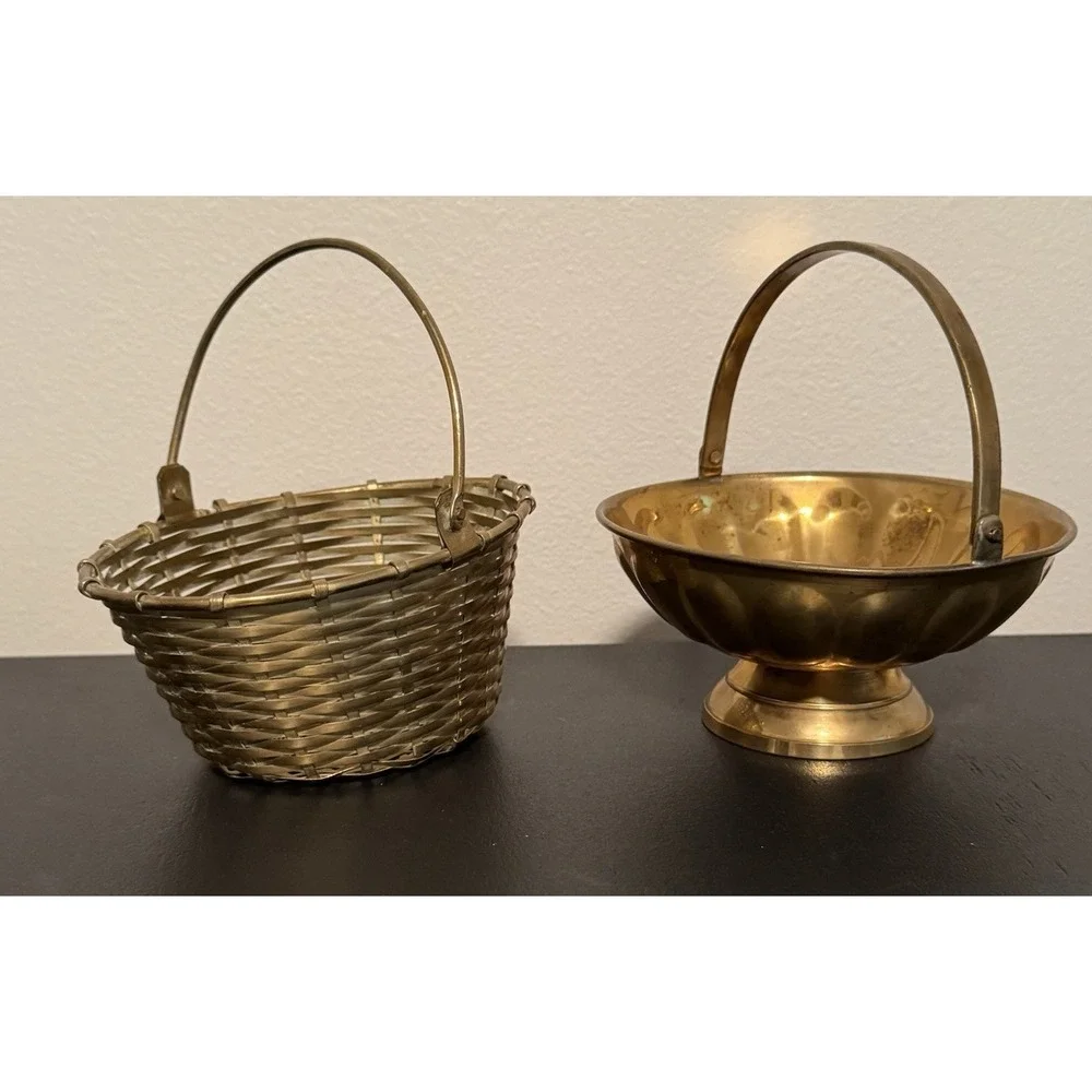 Vintage Brass‎ Wire Metal Woven Baskets W/ Movable Handle Made In India MCM mini